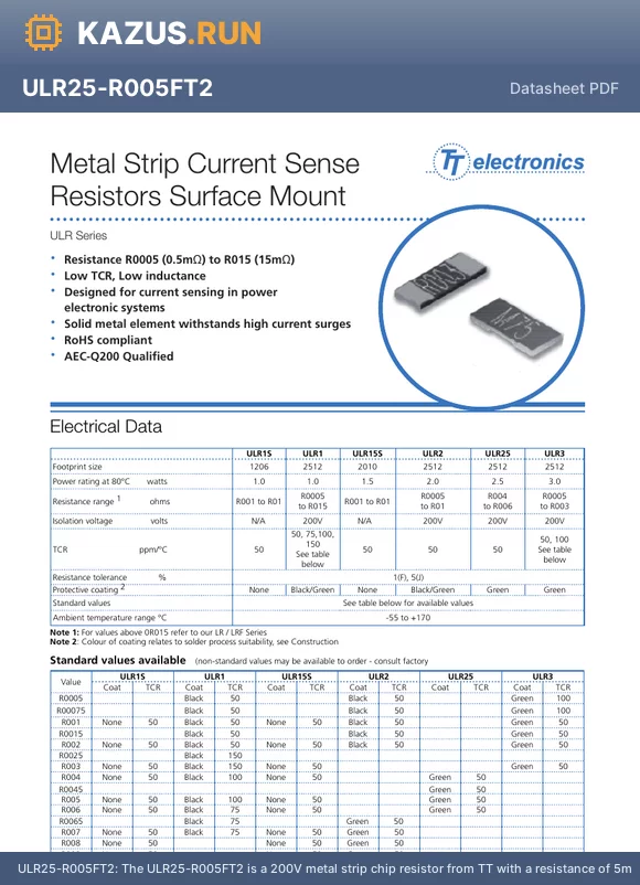 ULR25-R005FT2 datasheet - The ULR25-R005FT2 is a 200V metal strip chip resistor from TT with a resistance of 5mR and a tolerance of 1%. It is packaged in a 2512/6432 case and is available on cut tape. The resistor is RoHS compliant but not Reach SVHC compliant. It is suitable for u