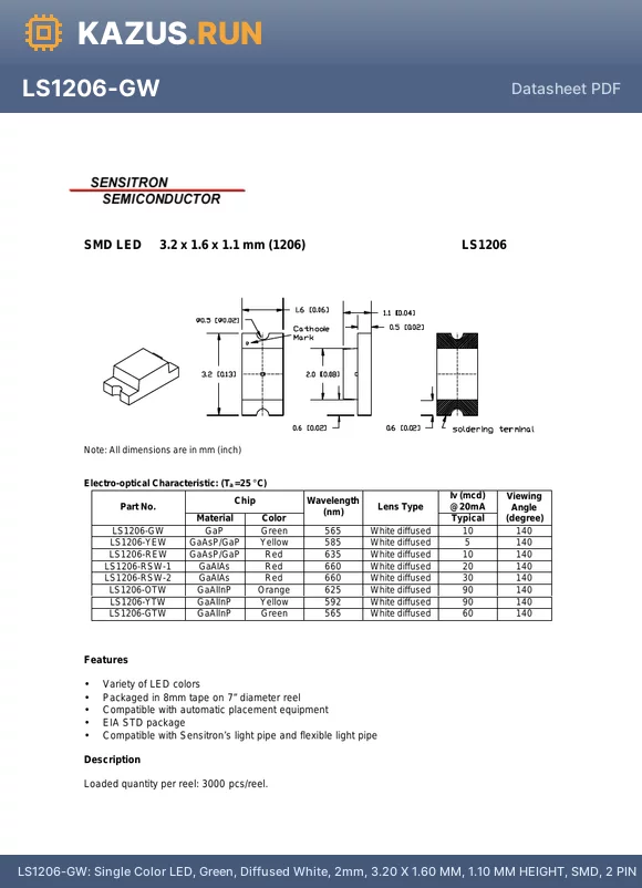 LS1206-RSW-2 datasheet - Single Color LED, Red, Diffused White, 2mm, 3.20 X 1.60 MM, 1.10 MM HEIGHT, SMD, 2 PIN