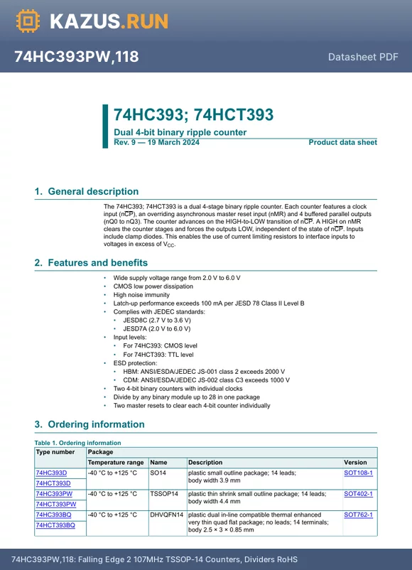 74HC393D,653 datasheet - Counter/Divider Dual 4-Bit Binary UP 14-Pin SO T/R