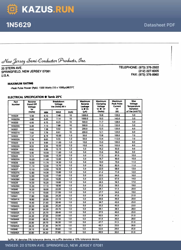 1N5637A datasheet - 20 STERN AVE. SPRINGFIELD, NEW JERSEY 07081