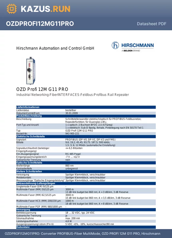 OZDPROFI12MG11PRO datasheet - Converter PROFIBUS-Fiber MultiMode, OZD PROFI 12M G11 PRO, Hirschmann