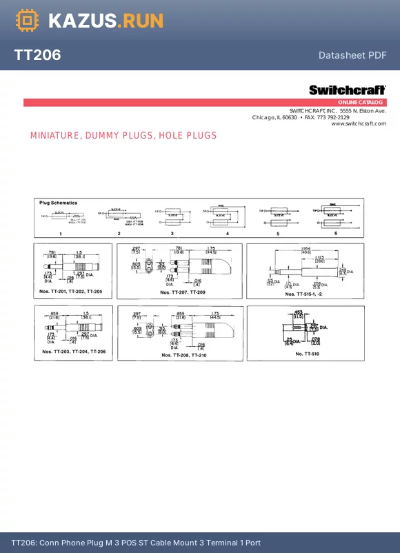 TT206 datasheet - Conn Phone Plug M 3 POS ST Cable Mount 3 Terminal 1 Port