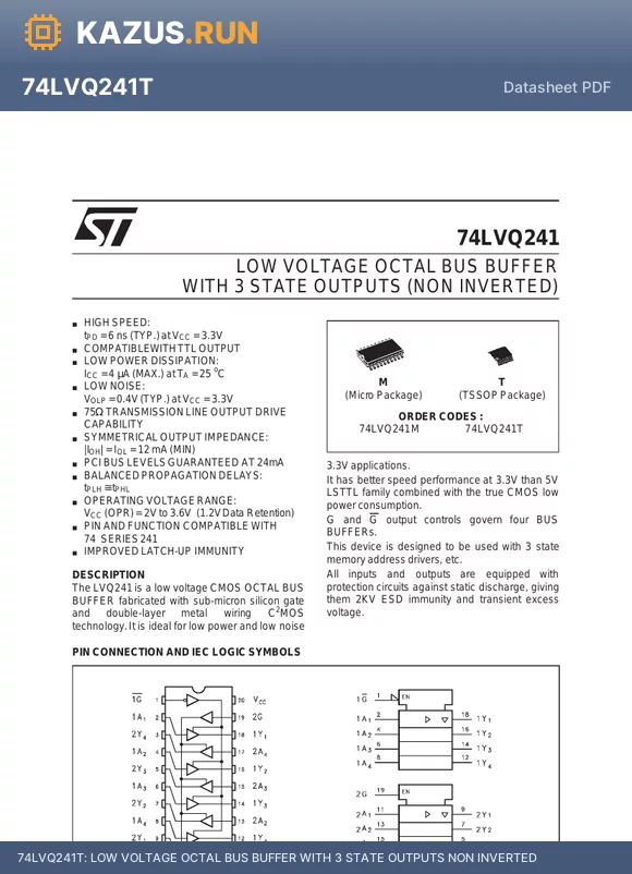 74LVQ241T datasheet - LOW VOLTAGE OCTAL BUS BUFFER WITH 3 STATE OUTPUTS NON INVERTED