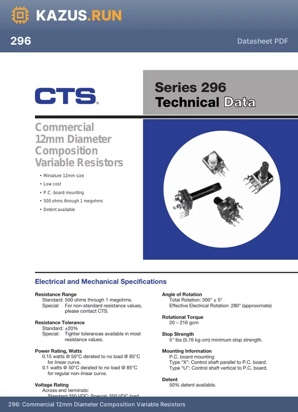 296HA252A3C datasheet - Commercial 12mm Diameter Composition Variable Resistors