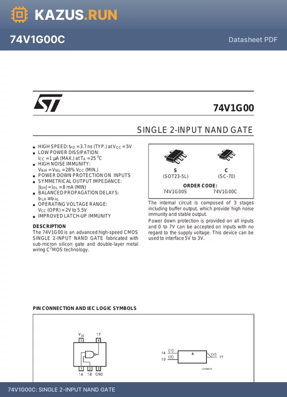 74V1G00S datasheet - SINGLE 2-INPUT NAND GATE