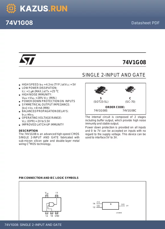 74V1G08 datasheet - SINGLE 2-INPUT AND GATE