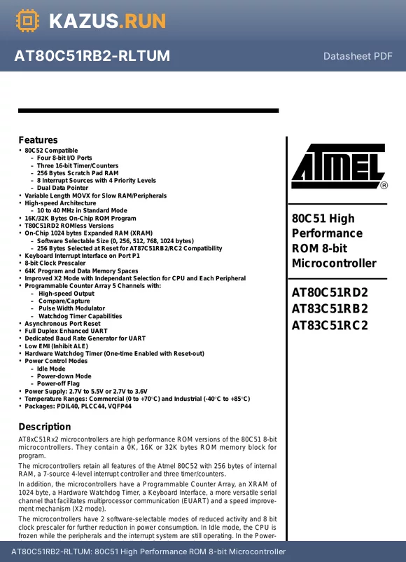 AT80C51RD2-SLSCM datasheet - 80C51 High Performance ROM 8-bit Microcontroller