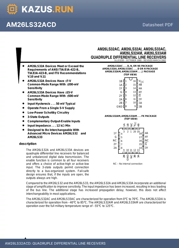 AM26LS32ACNE4 datasheet - QUADRUPLE DIFFERENTIAL LINE RECEIVERS