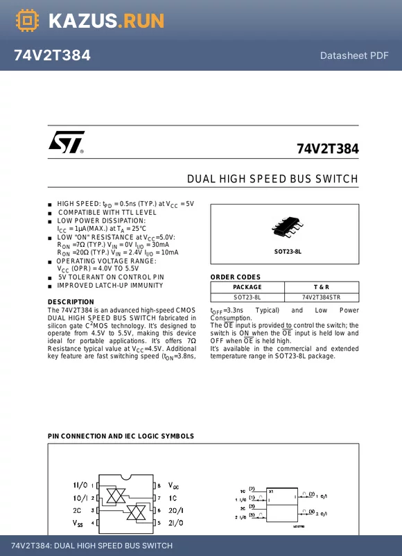 74V2T384 datasheet - DUAL HIGH SPEED BUS SWITCH