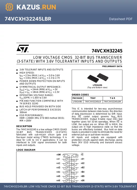 74VCXH32245LBR datasheet - LOW VOLTAGE CMOS 32-BIT BUS TRANSCEIVER (3-STATE) WITH 3.6V TOLERANTAT INPUTS AND OUTPUTS