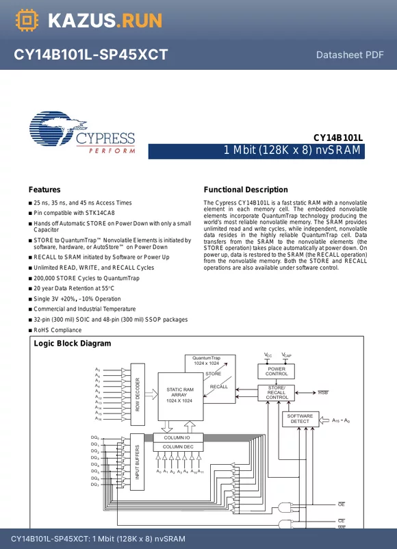 CY14B101L-SP25XI datasheet - 1 Mbit (128K x 8) nvSRAM