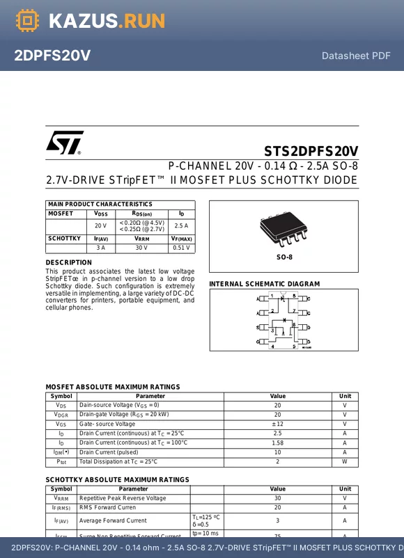 2DPFS20V datasheet - P-CHANNEL 20V - 0.14 ohm - 2.5A SO-8 2.7V-DRIVE STripFET II MOSFET PLUS SCHOTTKY DIODE