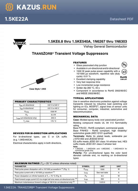 1N6298A datasheet - TRANSZORB^ Transient Voltage Suppressors
