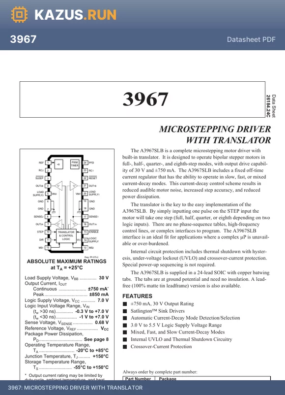 3967 datasheet - MICROSTEPPING DRIVER WITH TRANSLATOR