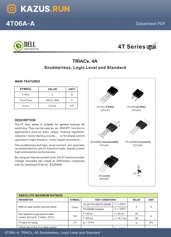 4T10F-SW datasheet - TRIACs, 4A Snubberless, Logic Level and Standard