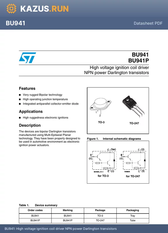 BU941 datasheet - High voltage ignition coil driver NPN power Darlington transistors