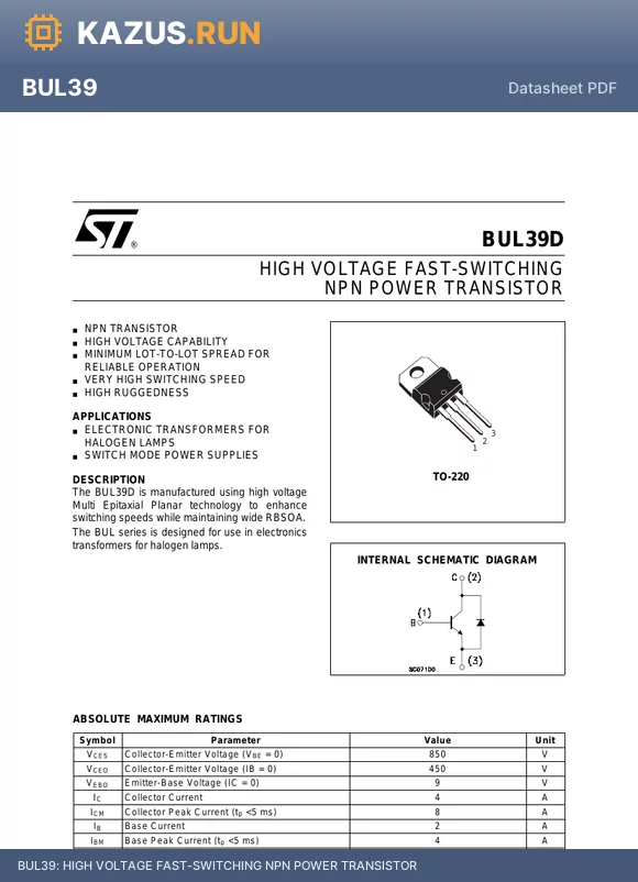 BUL39 datasheet - HIGH VOLTAGE FAST-SWITCHING NPN POWER TRANSISTOR