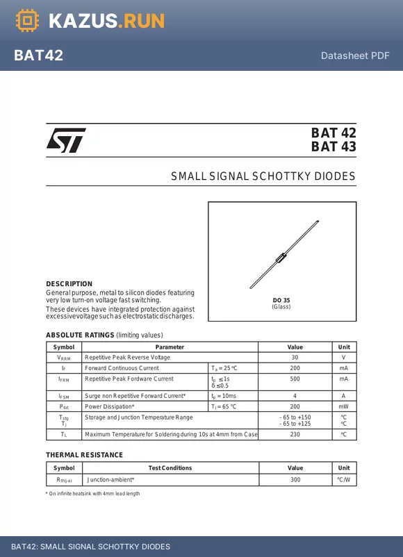 BAT42 datasheet - SMALL SIGNAL SCHOTTKY DIODES