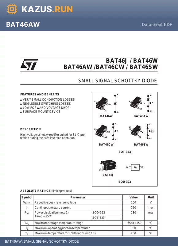 BAT46J datasheet - SMALL SIGNAL SCHOTTKY DIODE