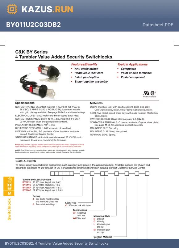 BY01AF2CWCMG2 datasheet - 4 Tumbler Value Added Security Switchlocks