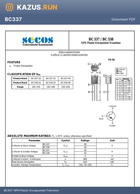 BC337 datasheet - NPN Plastic-Encapsulate Transistor