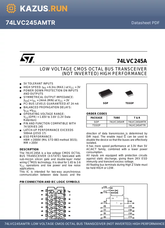 74LVC245A datasheet - LOW VOLTAGE CMOS OCTAL BUS TRANSCEIVER (NOT INVERTED) HIGH PERFORMANCE