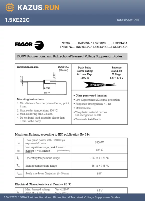 1N6277C datasheet - 1500W Unidirectional and Bidirectional Transient Voltage Suppressor Diodes