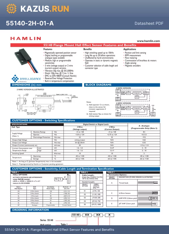 55140-3H-03-D datasheet - Flange Mount Hall Effect Sensor Features and Benefits