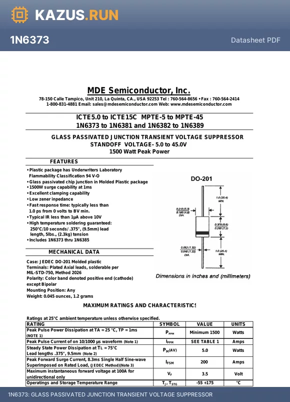 1N6383 datasheet - GLASS PASSIVATED JUNCTION TRANSIENT VOLTAGE SUPPRESSOR