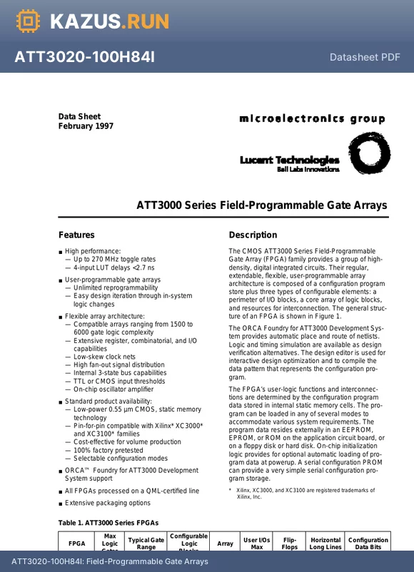 ATT3020-190T132I datasheet - Field-Programmable Gate Arrays