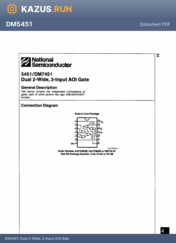 DM5451 datasheet - Dual 2-Wide, 2-Input AOI Gate