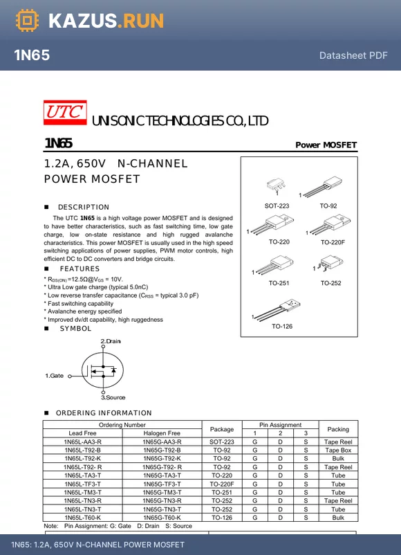1N65G-AA3-R datasheet - 1.2A, 650V N-CHANNEL POWER MOSFET