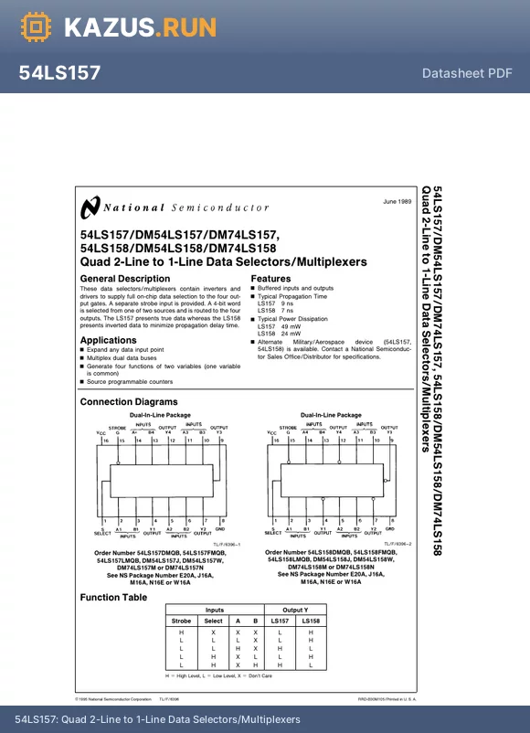 DM54LS158N datasheet - Quad 2-Line to 1-Line Data Selectors/Multiplexers