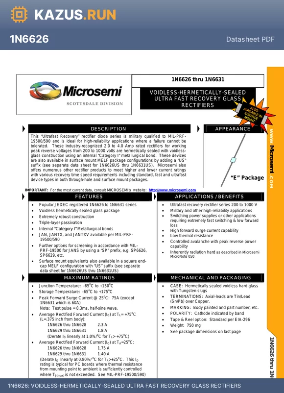 1N6631 datasheet - VOIDLESS-HERMETICALLY-SEALED ULTRA FAST RECOVERY GLASS RECTIFIERS