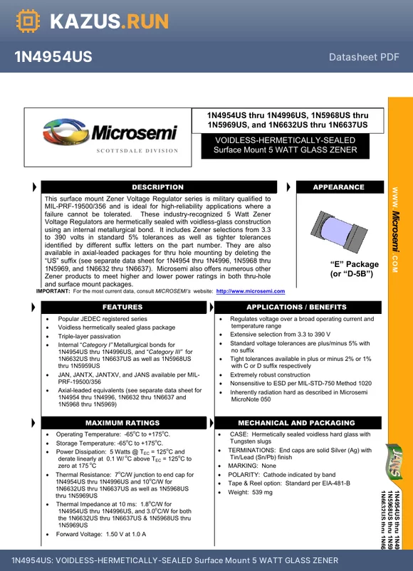 1N6632US datasheet - VOIDLESS-HERMETICALLY-SEALED Surface Mount 5 WATT GLASS ZENER