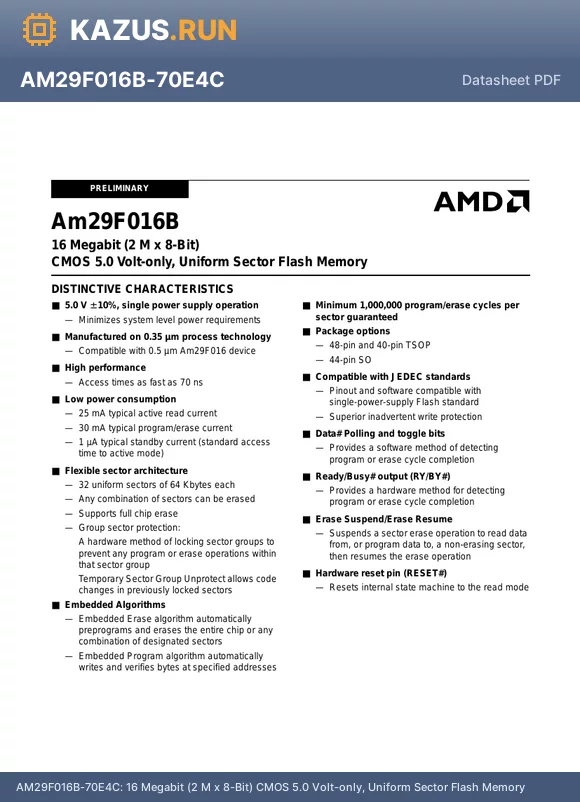 AM29F016B-70FIB datasheet - 16 Megabit (2 M x 8-Bit) CMOS 5.0 Volt-only, Uniform Sector Flash Memory