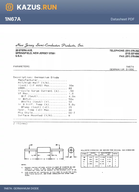 1N67A datasheet - GERMANIUM DIODE