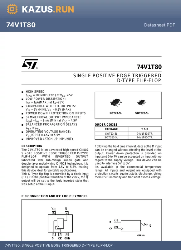 74V1T80STR datasheet - SINGLE POSITIVE EDGE TRIGGERED D-TYPE FLIP-FLOP