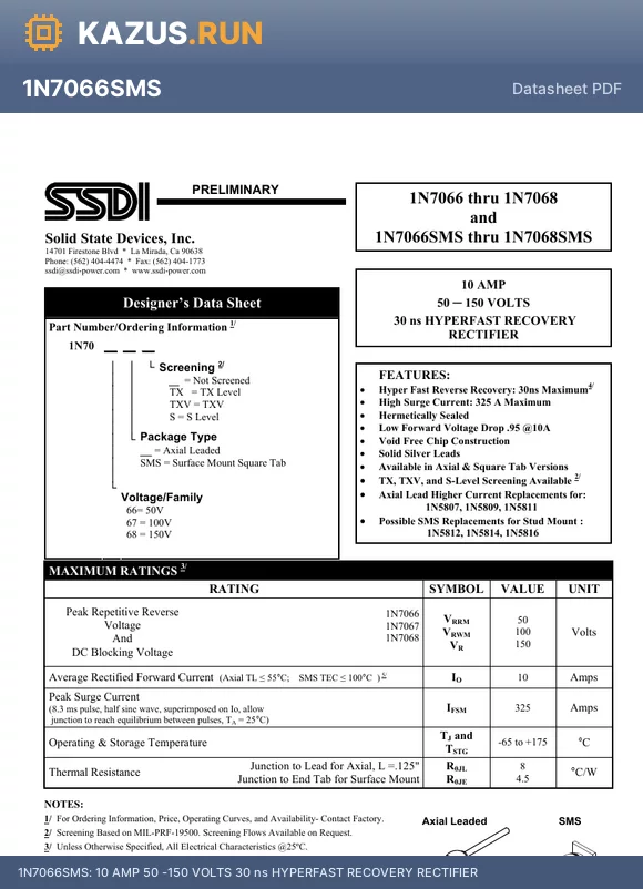 1N7068SMS datasheet - 10 AMP 50 -150 VOLTS 30 ns HYPERFAST RECOVERY RECTIFIER