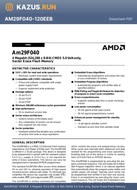 AM29F040-90FE datasheet - 4 Megabit (524,288 x 8-Bit) CMOS 5.0 Volt-only, Sector Erase Flash Memory