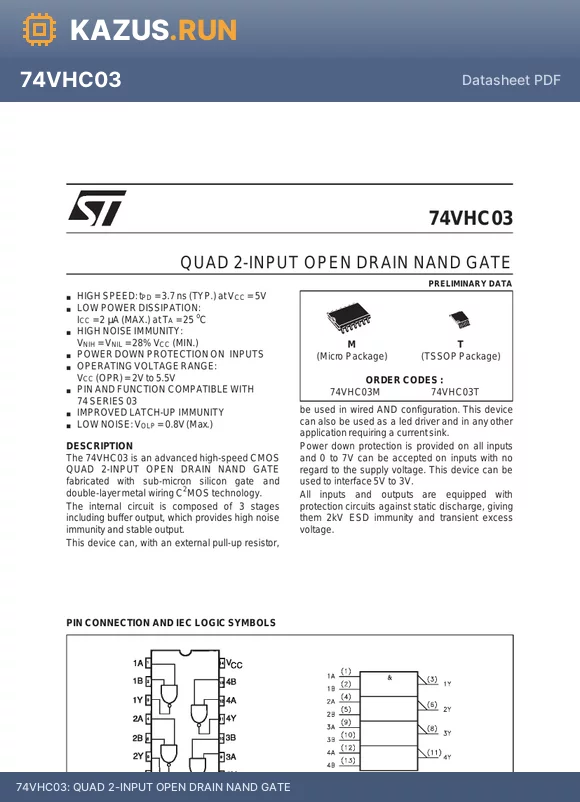 74VHC03T datasheet - QUAD 2-INPUT OPEN DRAIN NAND GATE
