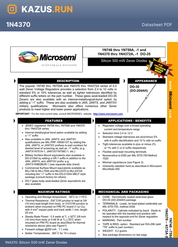 1N752TR-1 datasheet - SILICON 400 mW ZENER DIODES