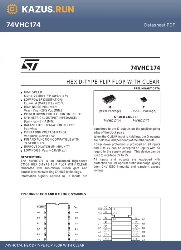 74VHC174 datasheet - HEX D-TYPE FLIP FLOP WITH CLEAR