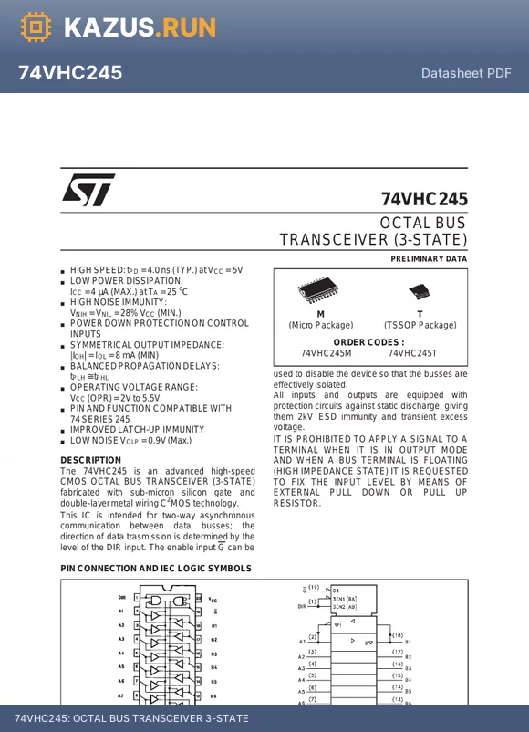 74VHC245T datasheet - OCTAL BUS TRANSCEIVER 3-STATE