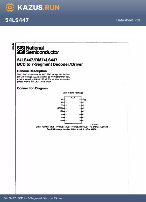 DM74LS447 datasheet - BCD to 7-Segment Decoder/Driver