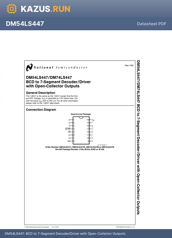 DM74LS447 datasheet - BCD to 7-Segment Decoder/Driver with Open-Collector Outputs