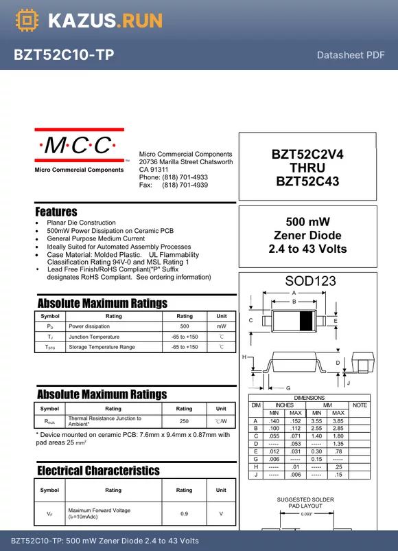BZT52C12-TP datasheet - 500 mW Zener Diode 2.4 to 43 Volts