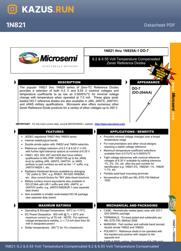 1N821 datasheet - 6.2 & 6.55 Volt Temperature Compensated 6.2 & 6.55 Volt Temperature Compensated