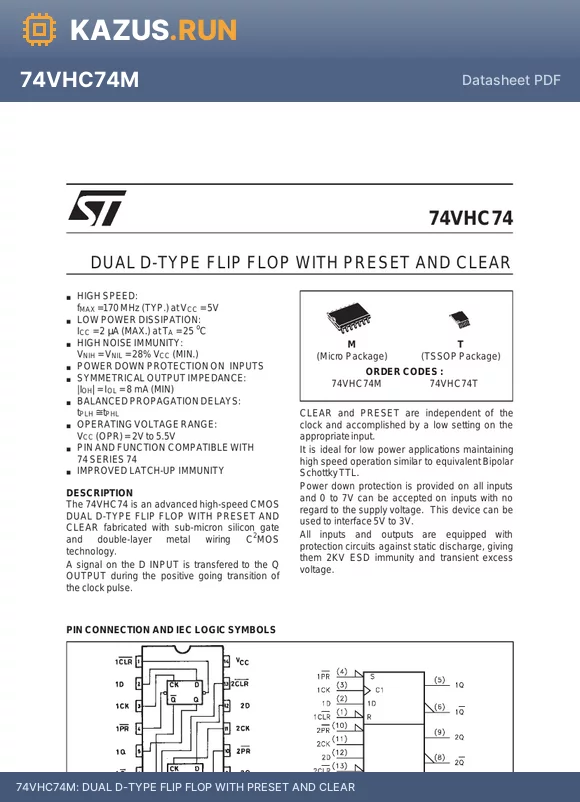 74VHC74 datasheet - DUAL D-TYPE FLIP FLOP WITH PRESET AND CLEAR