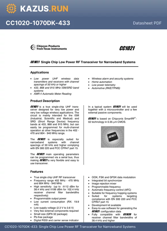 CC1021-RTR1 datasheet - Single Chip Low Power RF Transceiver for Narrowband Systems